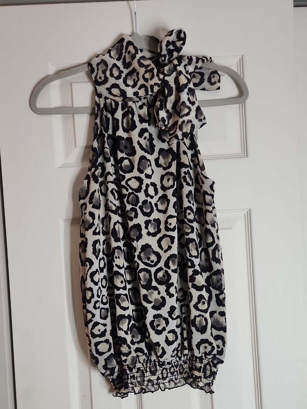Sleeveless High-Neck Leopard Print Blouson Dress - Black & Cream
